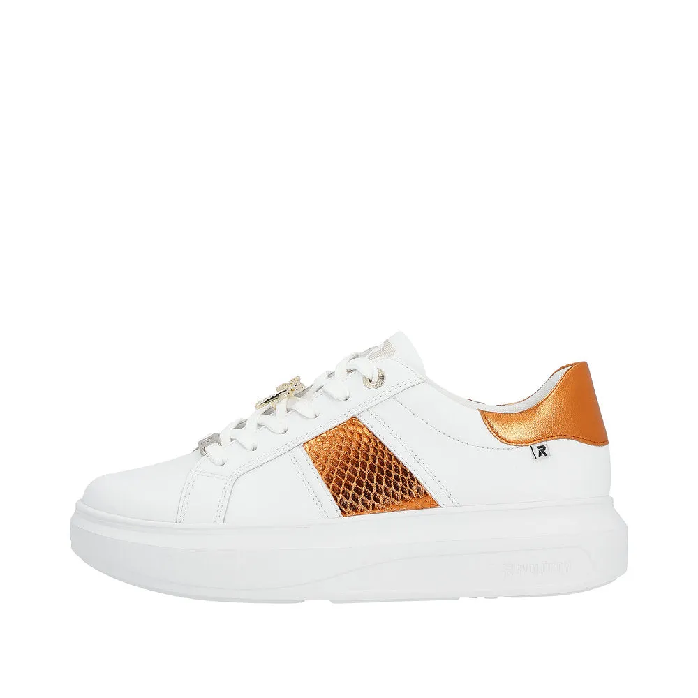 Rieker W1202-80 Adelia Ladies White & Orange Leather Lace Up Trainers