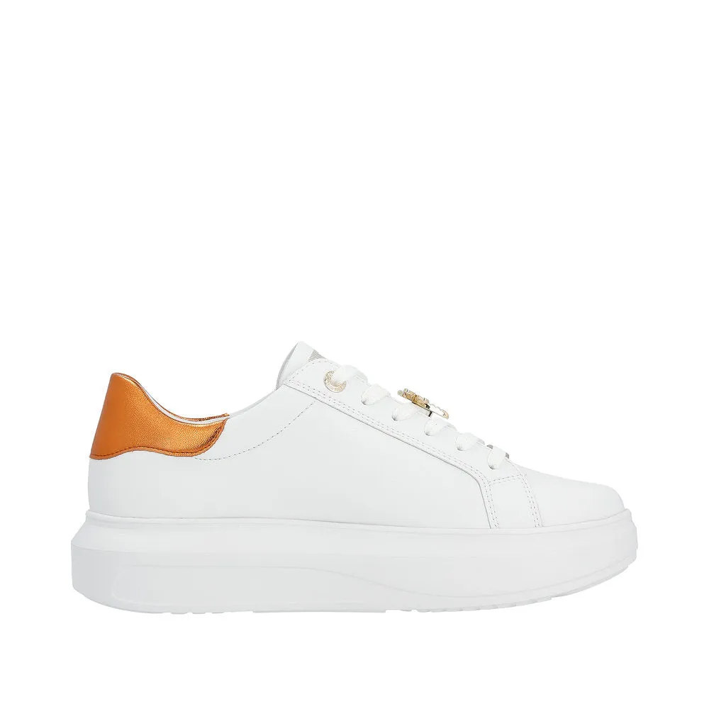 Rieker W1202-80 Adelia Ladies White & Orange Leather Lace Up Trainers