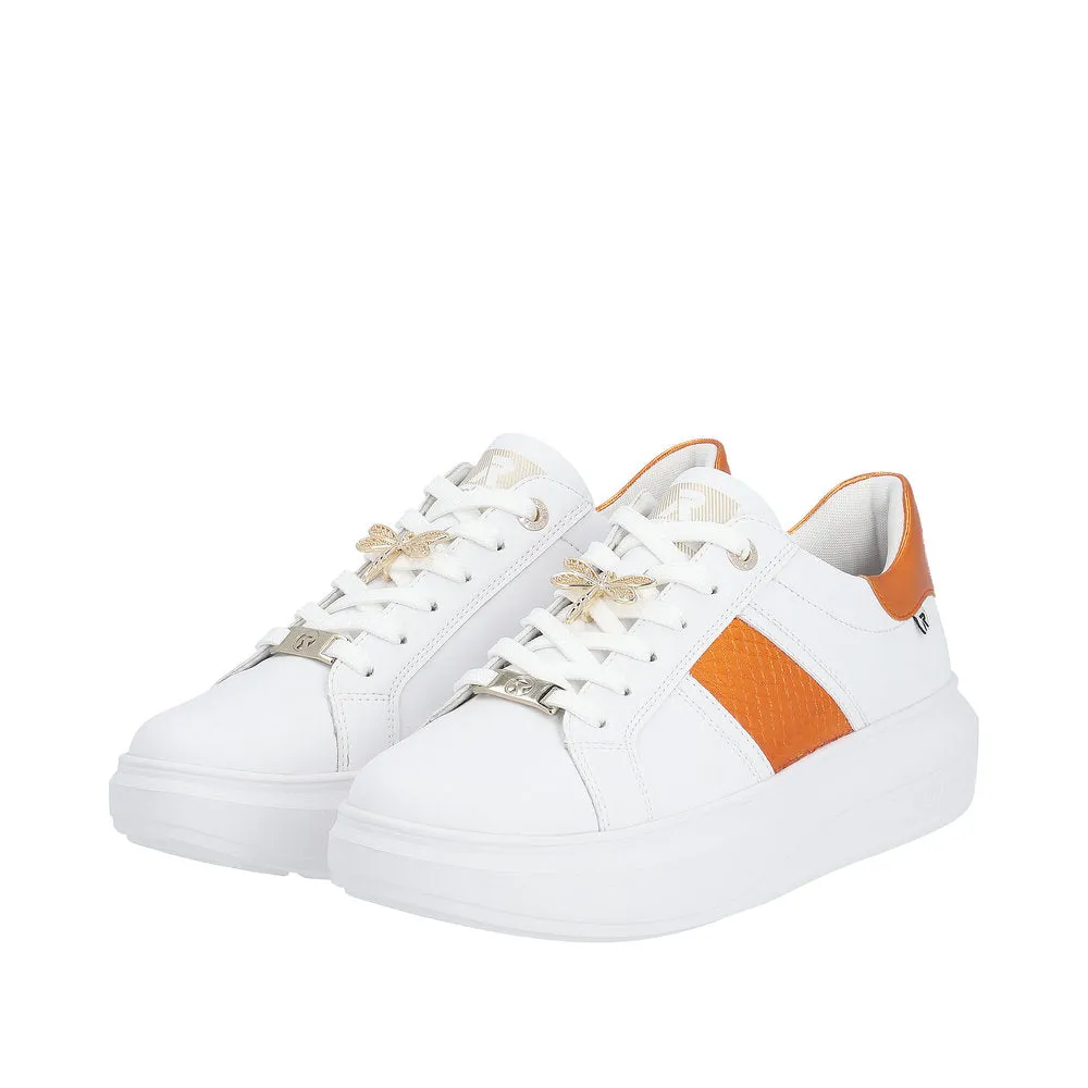 Rieker W1202-80 Adelia Ladies White & Orange Leather Lace Up Trainers