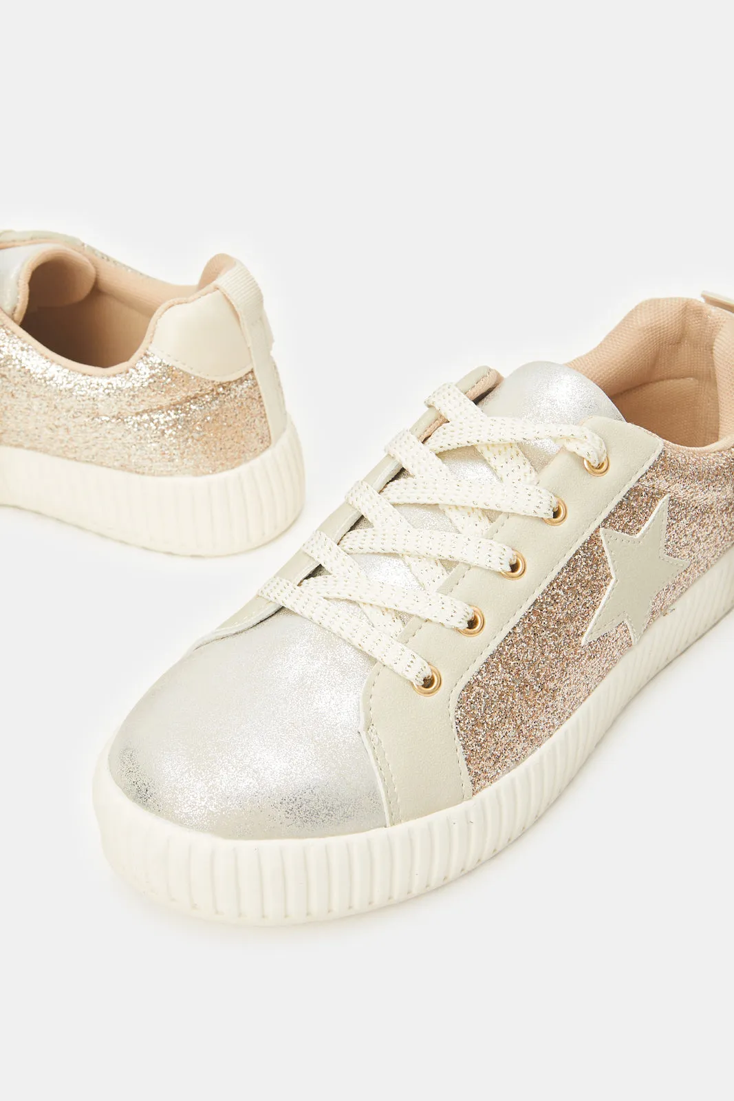 Senior Girls Gold Glitter Sneakers