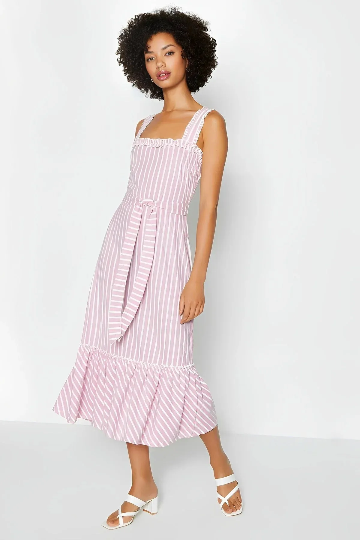 Striped Frill Hem Midi Dress