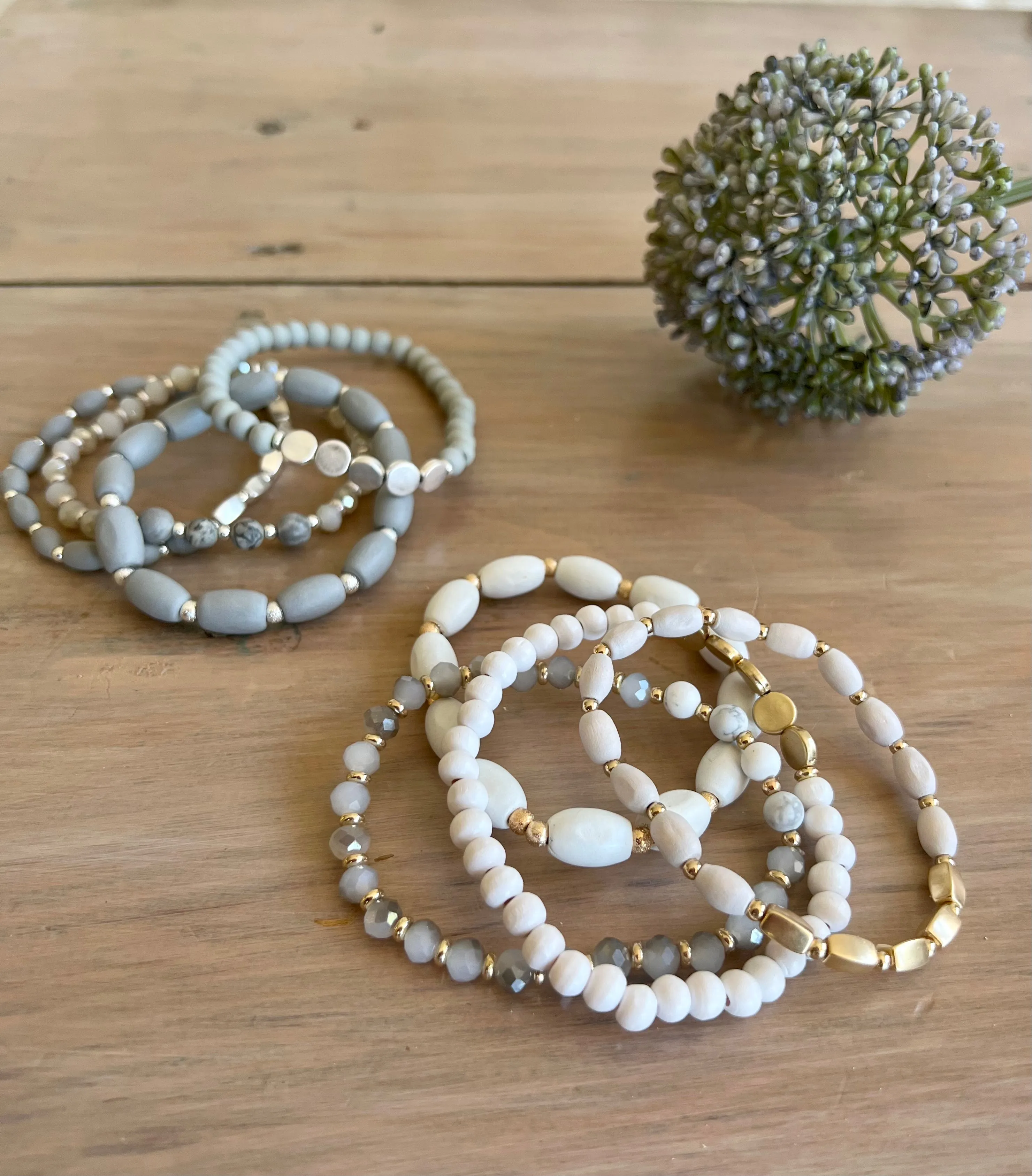 Tabitha Wooden Bead Bracelet Set White