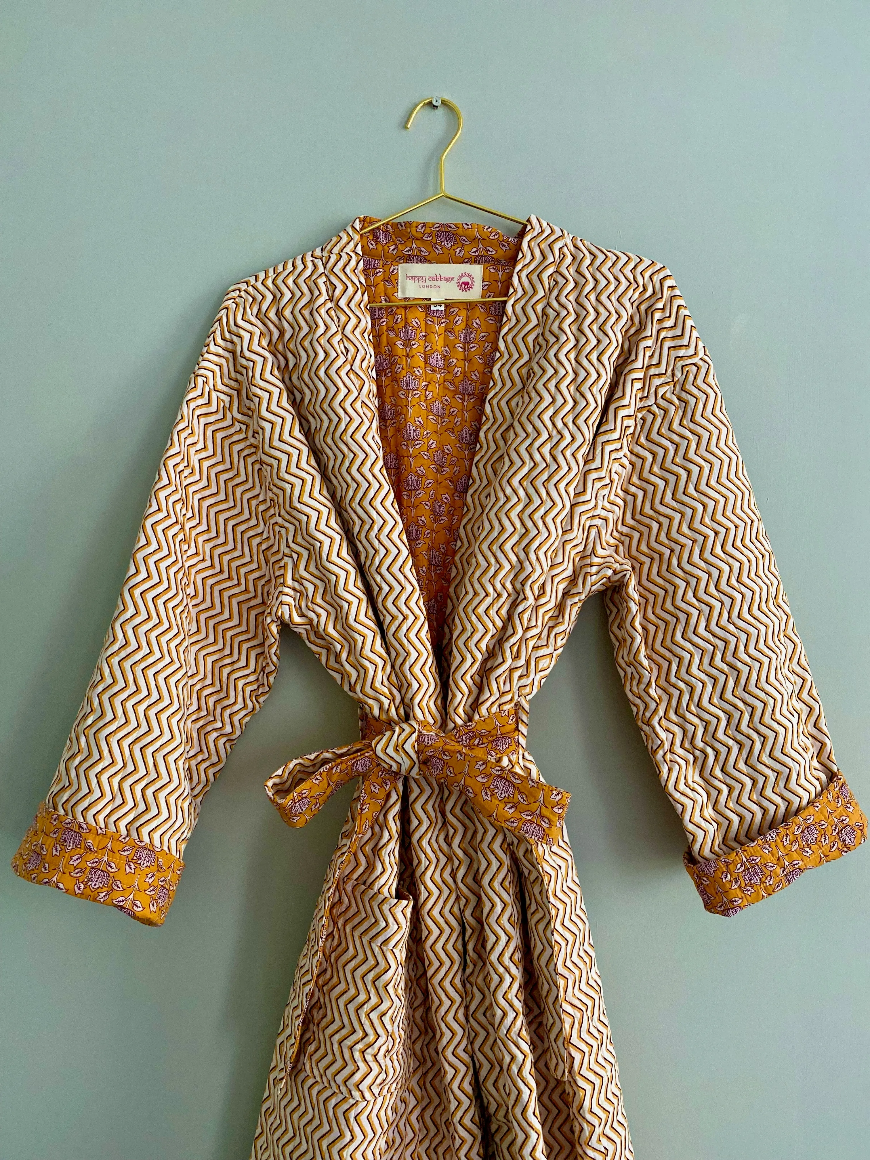 Unisex Quilted Hand Block Print Robe - Zig Zag