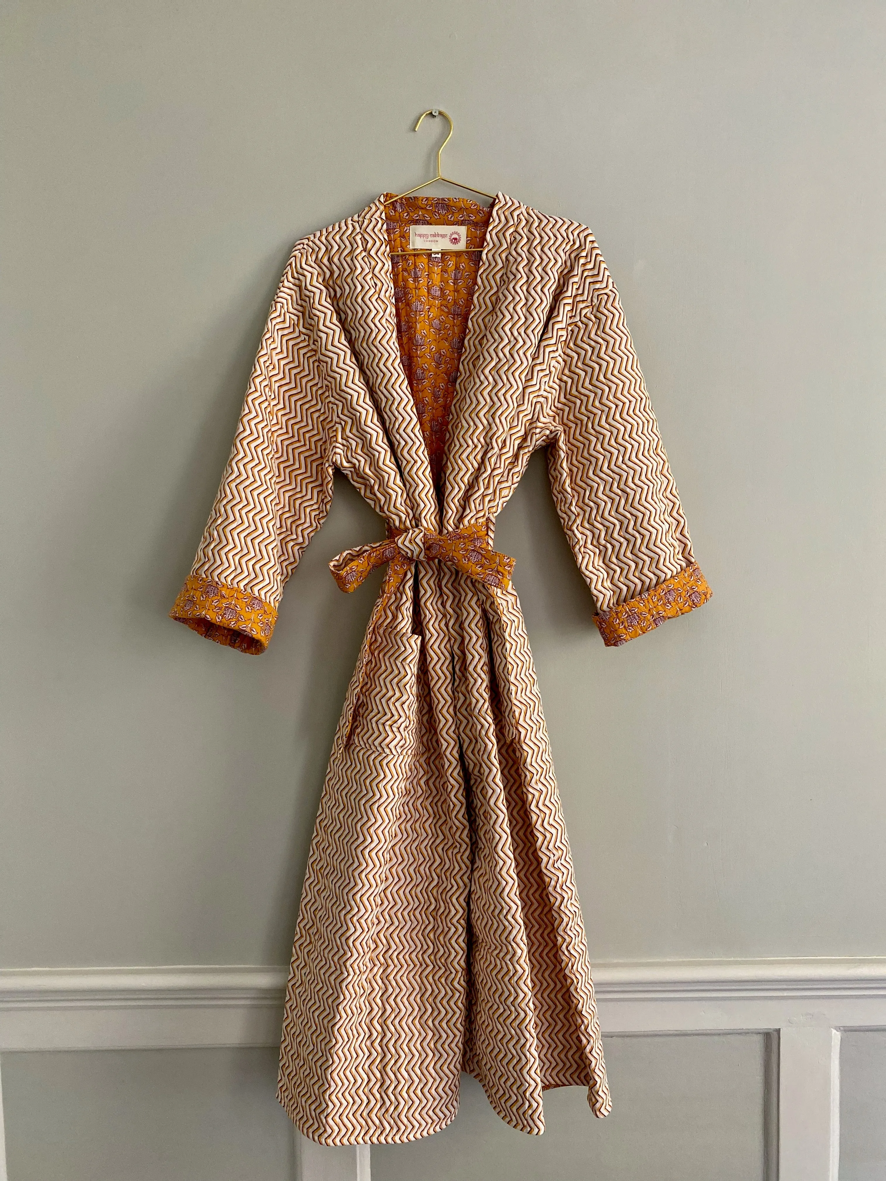 Unisex Quilted Hand Block Print Robe - Zig Zag