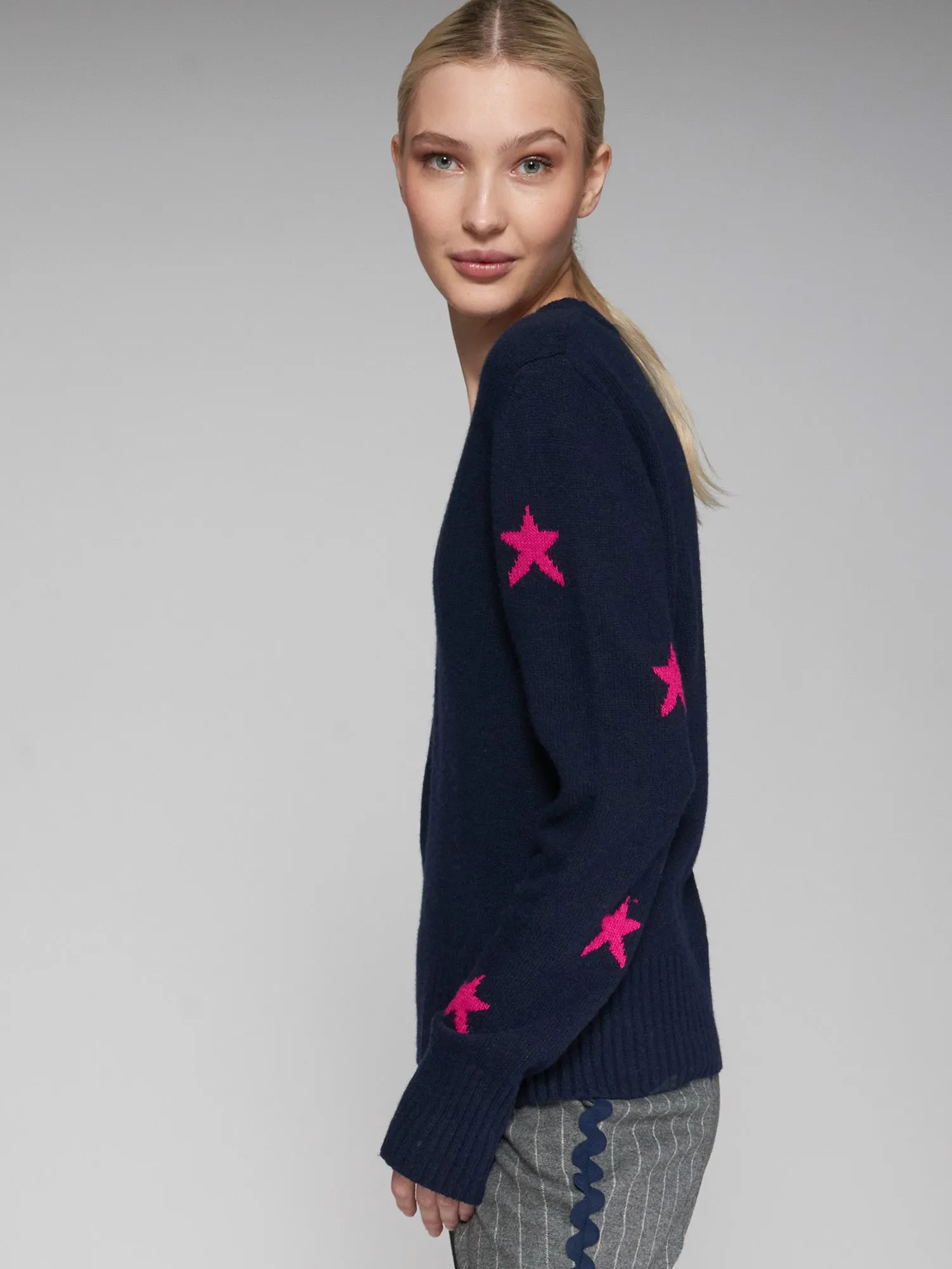 Vilagallo Intarsia Knitted Star Jumper Navy/Pink