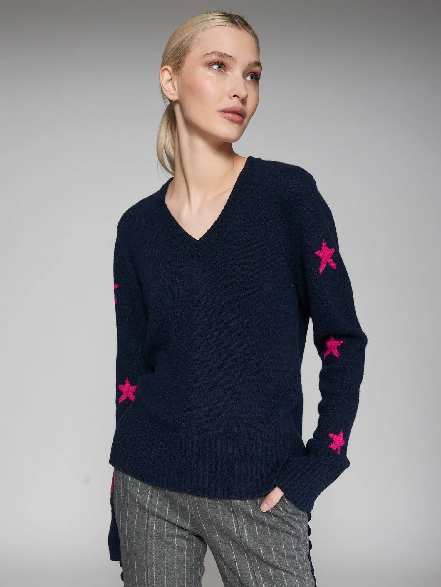 Vilagallo Intarsia Knitted Star Jumper Navy/Pink