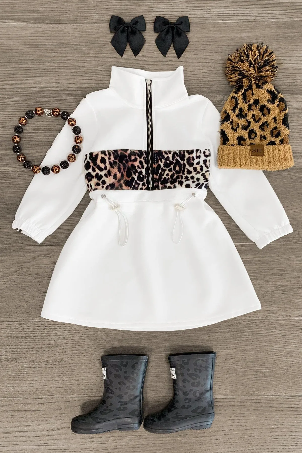 White & Cheetah Half Zip-Up Dress