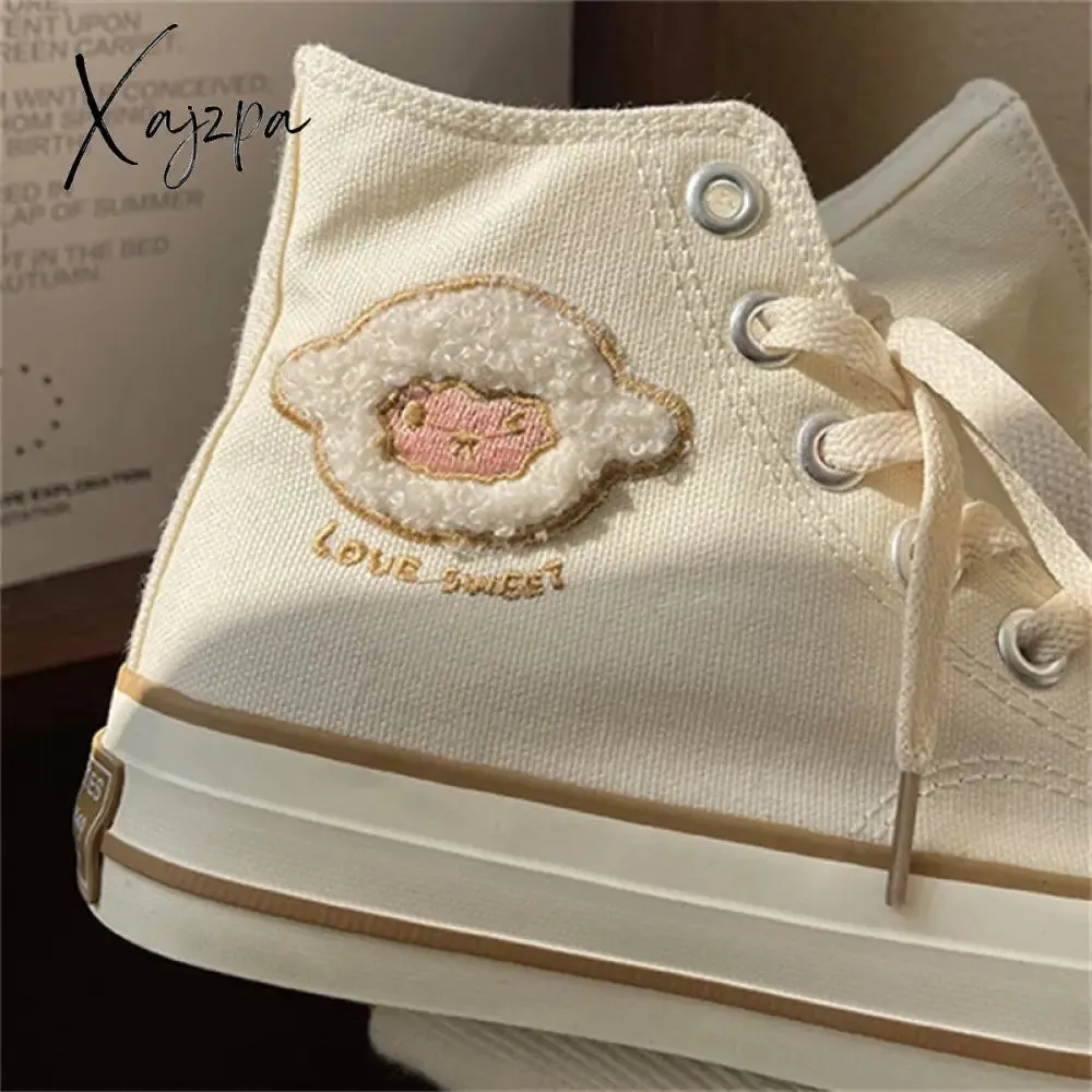 Xajzpa Spring Women Canvas Shoes Sneakers High Top Students Vulcanized Shoes Woman Beige Lace Up Casual Flat Shoes Tennis Female